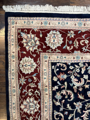Indo Perisan Rug 9x12, Floral Allover, Midnight Blue and Dark Red Room Sized Carpet 9 x 12 ft, Hand Knotted Wool Vintage Indian Oriental Rug