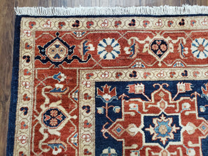 Vintage Turkish Area Rug 4x6, Wool Hand-Knotted, Red & Dark Blue Turkish Persian Pattern Oriental Carpet, 4 x 6 Decorative 1960s Foyer Rug