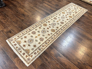 Peshawar Runner 2.7 x 10, Beige Floral Hand Knotted Vintage Wool Oriental Runner, Hallway Rug, Farmhouse Rug, Neutral Colors