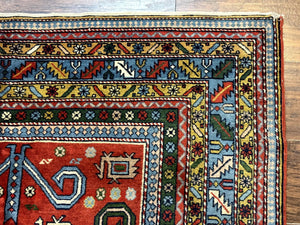 Colorful Persian Ardabil Rug 4x7, Red Blue Gold, Geometric Caucasian Design, Vintage