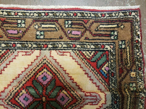 Small Persian Rug 2x3, Hand Knotted Handmade Wool Tribal Geometric Medallion Hamadan Carpet 2 x 3 ft Cream Red Camel Hair Color, Tiny Vintage Carpet