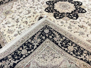 Sino Persian Rug 12x15, Ivory and Black, Floral Medallion Carpet, Large Palace Size Oriental Rug, Wool and Silk Highlights, Vintage Rug