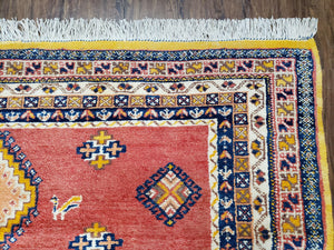 Vintage Moroccan Rug 6.6 x 9.8 ft, Tribal Bohemian Wool Hand-Knotted Carpet, 1950s Moroccan Rug, Salmon Red and Navy Blue, Room Sized Rug