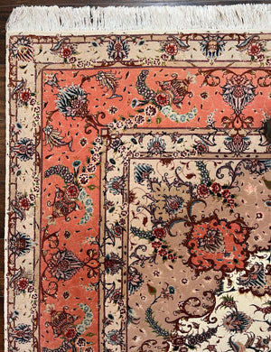 Wonderful Persian Tabriz Rug 9x12, Floral Medallion, Ivory and Salmon Red, Hand Knotted, Wool with Silk Accents, Very Fine Vintage Oriental Carpet