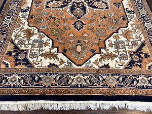 Indo Heriz Rug 6x8, Wool Hand Knotted Vintage Oriental Carpet, Orange-Red Ivory & Navy Blue, Medallion Rug, Handmade Indo Persian Rug