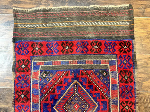 Turkoman Runner Rug 2 x 8.6, Skinny Runner, Handmade Wool Carpet for Hallway, Red and Blue, Wool, Vintage 8ft Runner