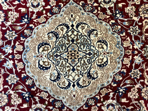 Persian Nain Rug 8x11, Wool and Silk Highlights, Burgundy & Ivory