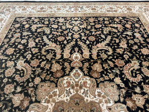 Sino Persian Rug 9x12, Floral Medallion, Black and Ivory, Elegant
