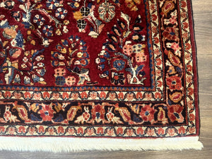 Antique Persian Sarouk Rug 4x6, Floral, Red, Wool Hand Knotted Fine 225 KPSI