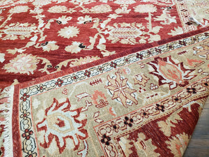 Peshawar Rug 9.5 x 10.8, Almost Square Size, Red and Beige Chobi Sultanabad Rug, Shah Abbas Flowers, Wool Handmade, Vintage Oriental Carpet