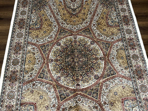 Turkish Silk Rug 5 x 7.6, Dome Design, Bamboo Silk, New