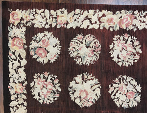 Floral Needlepoint Rug 5x7, Repeated Floral Motifs, Eggplant Color, Handmade Wool Vintage Needlepoint Area Rug 5 x 7 ft, Flatweave Rug