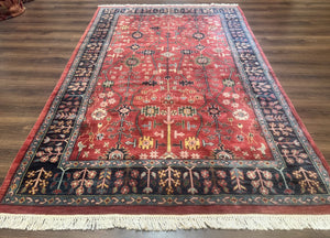 Indo Persian Heriz Serapi Rug 6x8, Rust Red and Navy Blue, Allover Pattern