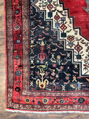 Persian Rug 5x12 ft, Red Cream Navy Blue, Pictorials, Hand Knotted Handmade Wide Runner Tribal Bidjar Semi Antique Wool Geometric Oriental Rug