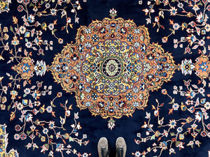 Indo Persian Rug 12x15, Mahal Sarouk Rug 12 x 15, Wool Hand Knotted Vintage Carpet, Navy Blue, Oversized Rug, Center Medallion