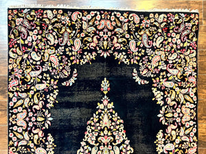 Antique Persian Kirman Rug 5x8, Floral Kirman, Midnight Blue/Black, Semi Open Field, Handmade Vintage Wool Carpet