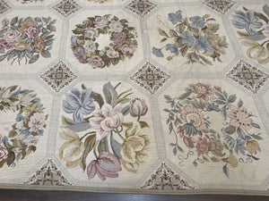 Vintage Needlepoint Rug 8x11, Floral Panel Design, Flatweave Handmade Needlepoint Carpet 8 x 11, Room Size Wool Needlepoint Rug, Cream Color