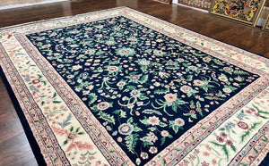 Indo Persian Rug 9x12, Wool Hand Knotted Vintage Carpet, Navy Blue & Ivory, Floral Allover Oriental Rug, 9 x 12 Room Sized Traditional Rug