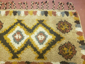 Portuguese Rya Style Shag Rug Moroccan Design, 4x6 Vintage Colorful Geometric Rug, Handmade Wool Gold Tan, Soft Pile Rug