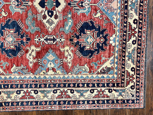 Turkish Heriz Rug 7x10, Wool Hand Knotted Handmade Room Sized Oriental Carpet, Red & Ivory, Vintage Geometric Oriental Rug 7 x 10 ft