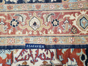 Safavieh Samarkand Heriz Rug 8x9 ft, Colorful Serapi Room Sized Hand-Knotted Wool Carpet, Tribal Rug, Vintage Oriental Rug, Navy Blue & Red