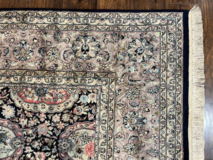 Sino Persian Rug 9x12, Navy Blue and Pink Hand Knotted Wool and Silk Highlights Vintage Oriental Carpet, Handmade Floral Area Rug 9 x 12 ft