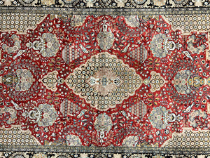 Wonderful Persian Silk Rug 5x7, Birds Floral Vases, Red, Hand Knotted Silk Fine Oriental Carpet, Handmade Vintage, Persian Qum Rug, 400 KPSI