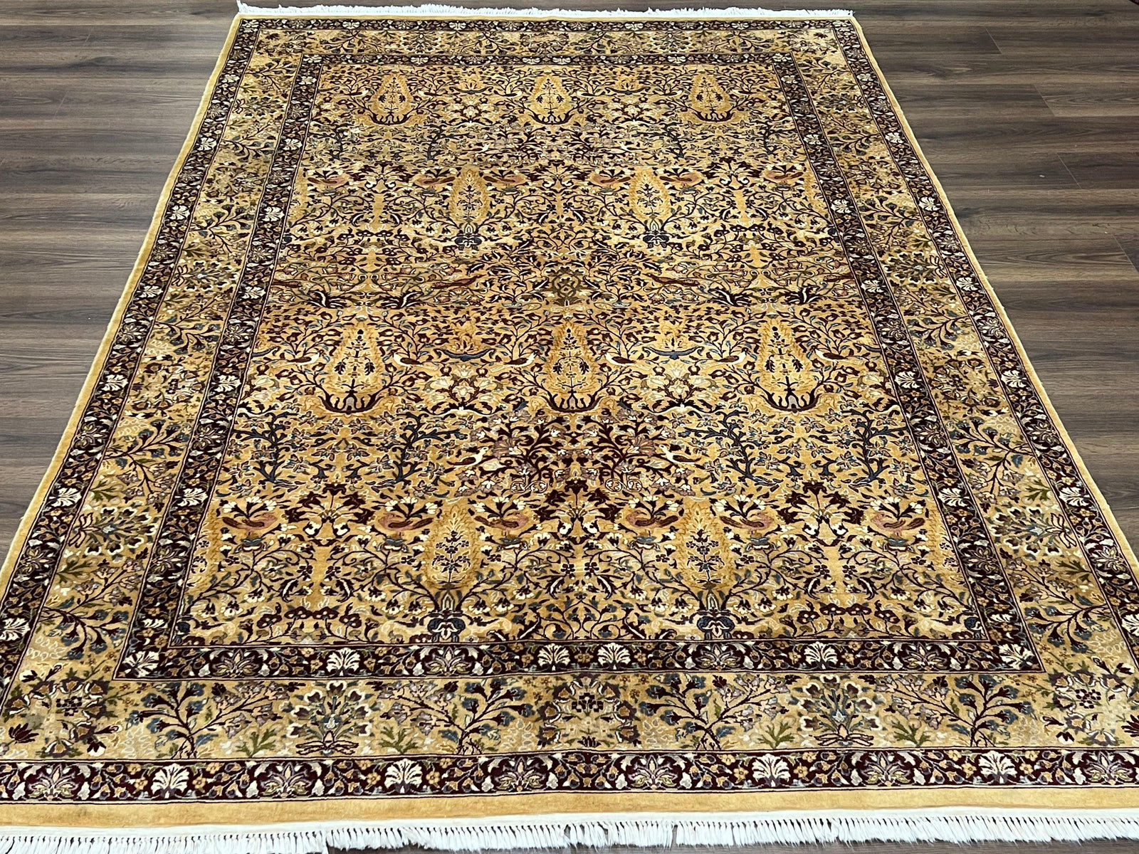 Pretty Indo Persian Rug 6x9, Allover Floral Motif with Birds, Tan/Cream, Very Fine Oriental Carpet, Hand Knotted Vintage Indian Wool Rug