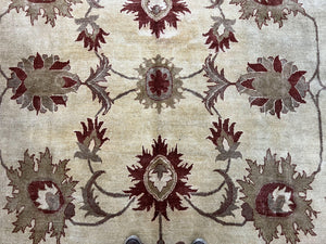 Large Peshawar Rug 11x14, Vintage Beige Chobi Carpet, Allover Floral Design, Hand Knotted, Wool, Room Sized Rug for Living Room Dining Room