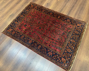 Antique Persian Tree of Life Rug 3x5, Manchester Wool, Bird Pictorials, Fine 240 KPSI, Red Navy Blue