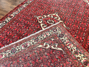 Persian Tribal Rug 7x10, Wool Handmade Semi Antique Vintage Hamadan Dargazine Carpet, Red & Ivory Allover Floral Medallion Rug, 7 x 10 Room Sized Oriental Rug