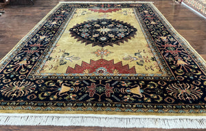 Indo Persian Heriz Rug 8x12, Camel Hair Tan and Navy Blue, Decorative