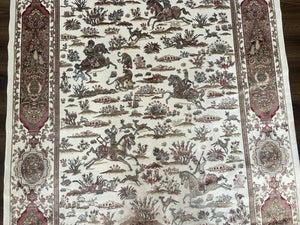 Turkish Silk Rug 5x8, Ivory, Hunting Design, Animal Pictorials, Bamboo Silk