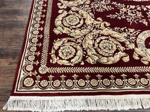Aubusson Rug 9x12, Wool Handmade Carpet, Elegant French European Design, Dark Maroon Red, 9 x 12 Room Sized Rug, Finely Hand Knotted