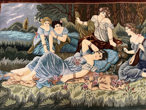 Persian Tabriz Pictorial Rug 5x3, Women Laying By River, Super Fine 60 Raj 480+ KPSI, Hand Knotted Wool Rug, Semi Antique Vintage Oriental Carpet