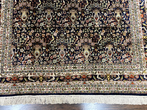 Silk Indian Kashmiri Rug 5x7, Navy Blue Indo Persian Silk Carpet 5 x 7 ft, Hand Knotted Handmade Very Fine Oriental Carpet, 450 KPSI, Birds