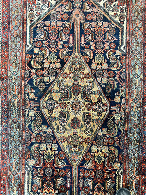 Antique Persian Runner Rug 3.7 x 15.8, Navy Blue Multicolor, Hand Knotted Handmade Wool Rug for Hallway, Geometric Medallions, Persian Hamadan Rug