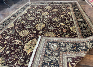 Indo Persian Rug 10x14, Floral Allover, Handmade Vintage Wool Rug, Dark Maroon/Plum and Black