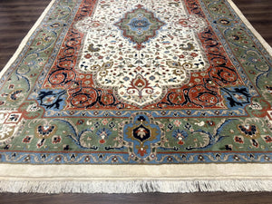 Indo Persian Rug 9x12, Ivory Red Green, Traditional Oriental Carpet