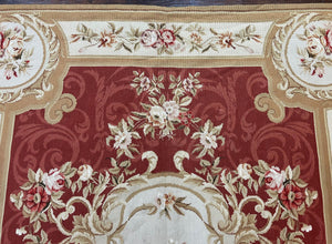 Aubusson Needlepoint Rug 5x8, Red Ivory Tan, Vintage Needlepoint Carpet 5 x 8 ft, Handmade Hand woven Wool, French European, Medium Size Rug