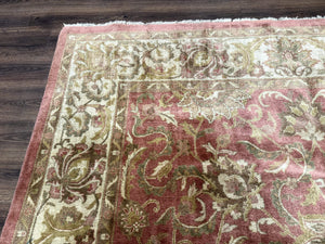 Indian Rug 8x11, Coral and Beige, Floral, Traditional Vintage Wool Carpet