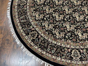 Round Oriental Rug 8x8 ft, William Morris Floral Pattern Carpet, 8 x 8 ft Round Rug, Black Cream and Tan 8ft Round Handmade Indo Persian Rug