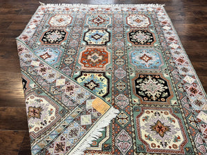 Moroccan Rug 7x8, Wool Hand Knotted Vintage Carpet, Multicolor Panel Design Oriental Rug