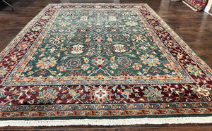Indo Persian Rug 9x12, Wool Hand Knotted Vintage Carpet, Green and Maroon, Traditional Allover Floral Design, 9 x 12 Room Sized Rug