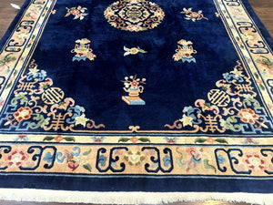 Chinese Wool Rug 8x11, Navy Blue and Beige, Simple Design, Fete Carpet