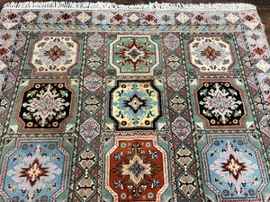 Moroccan Rug 7x8, Wool Hand Knotted Vintage Carpet, Multicolor Panel Design Oriental Rug