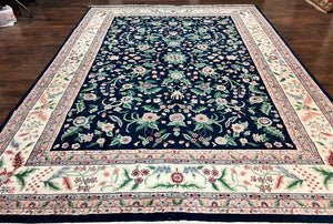 Indo Persian Rug 9x12, Wool Hand Knotted Vintage Carpet, Navy Blue & Ivory, Floral Allover Oriental Rug, 9 x 12 Room Sized Traditional Rug
