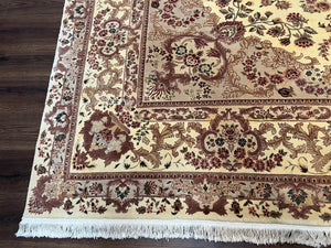 Vintage Sino Persian Rug 10x14, Room Sized Elegant Handmade Oriental Carpet 10 x 14, Floral Medallion Large Wool Rug with Silk Accents Beige