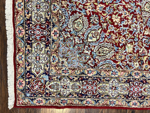 Persian Kirman Rug 7x10, Hand Knotted Wool Floral Medallion Carpet, Dark Red