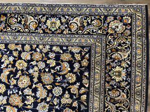 Wonderful Navy Blue Persian Kashan Rug 11x13, Allover Floral Design with Central Medallion, Wool Hand-Knotted Antique Carpet, Signed Rabani Rug